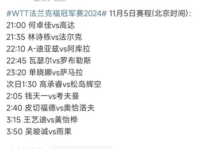威廉希尔WilliamHillWTT法兰克福冠军赛11月5日赛程+直播时间：林诗栋VS法尔克(图2)