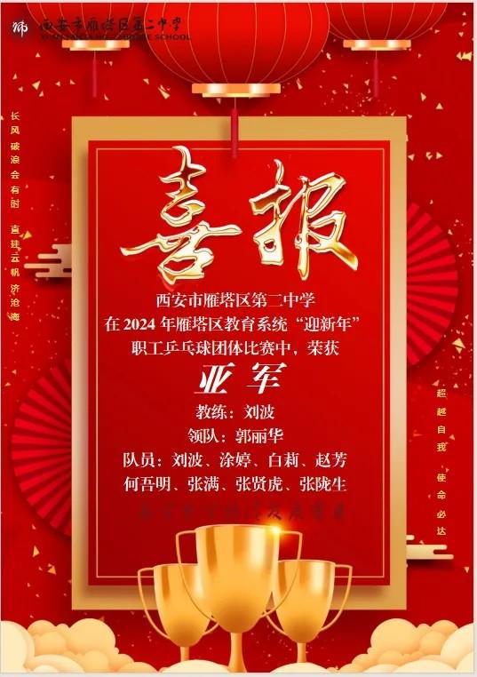 西安市雁塔区第二中学在2024年雁塔区教育系统“迎新年”职工乒乓球比赛中荣获混合团体亚军(图3)