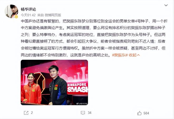 WilliamHill樊振东全运会4号种子？乒协折中方案仍引争议：现役唯1超级金满贯(图1)